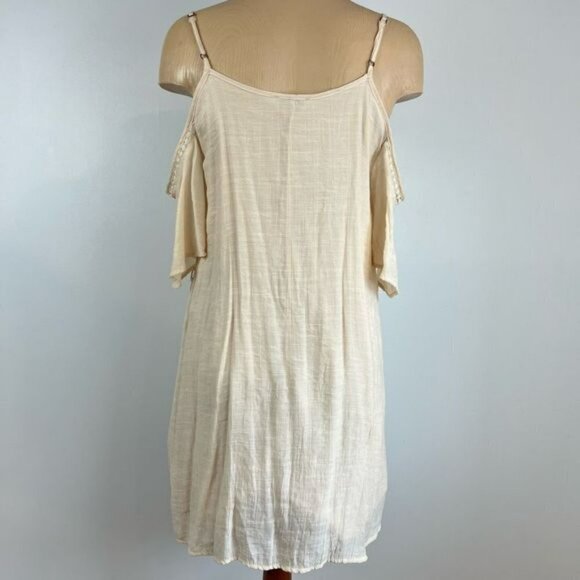 Guess Women's Small Beige Tunic Peasant Midi Dress Flutter Sleeves Cold Shoulder - Picture 4 of 12